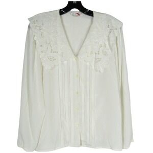 VTG NILANI White SATIN Pleated Front EYELET FLORAL COLLAR Blouse/Top Sz 9/10